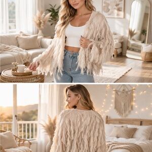 Boho Cream Fringe Cardigan Shaggy Textured Open Front XL Cozy Statement